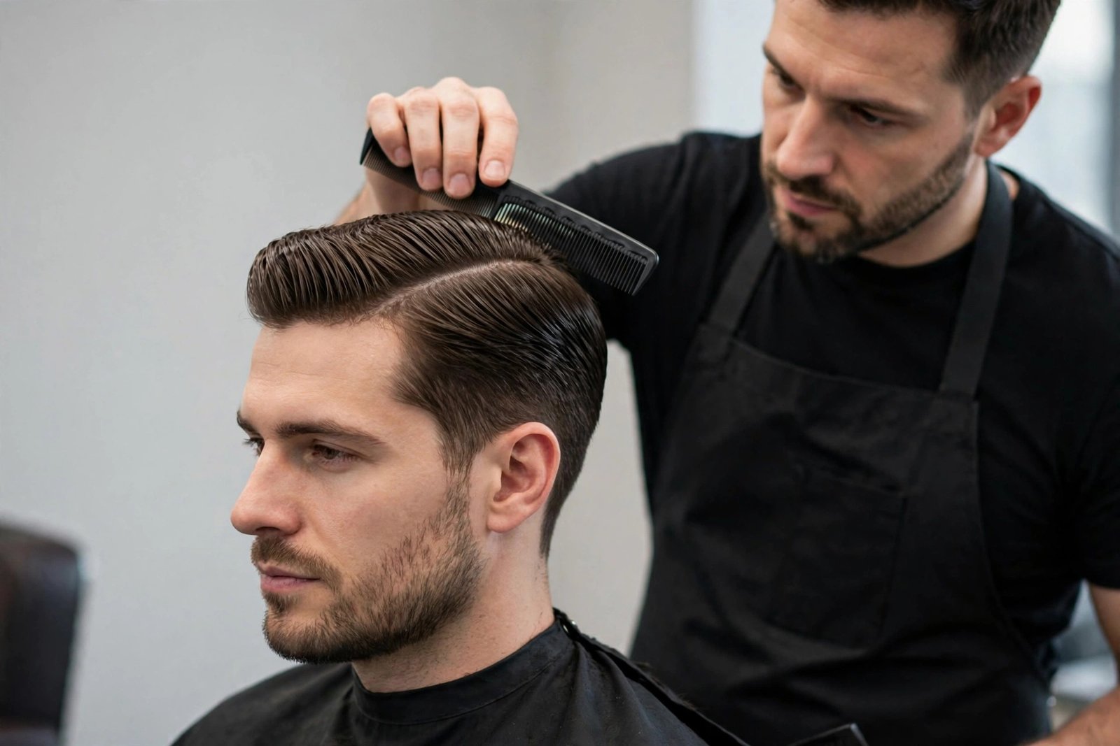 Barber styling a comb over haircut on a client in a barbershop