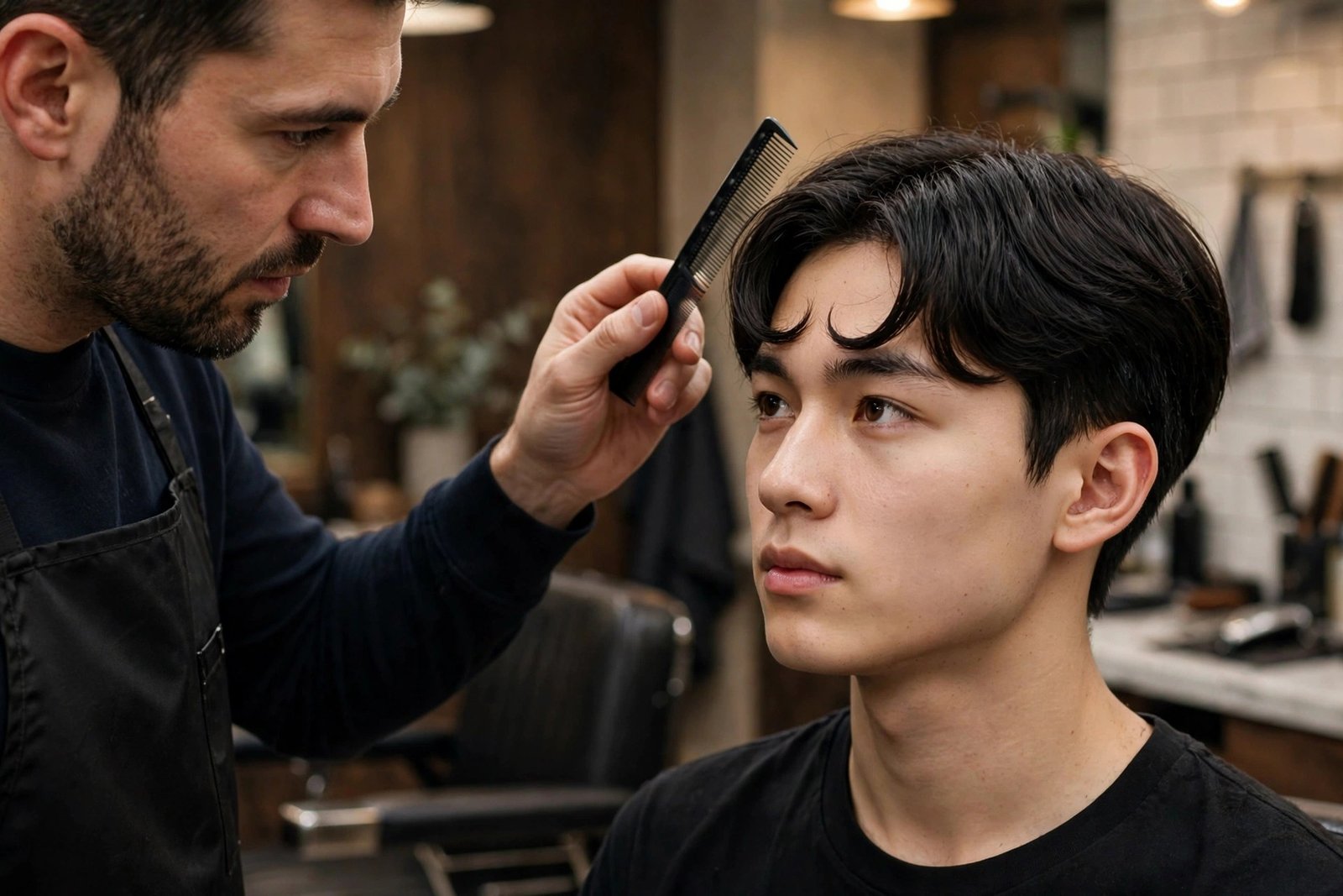 Barber consulting with a young male client about a comma haircut