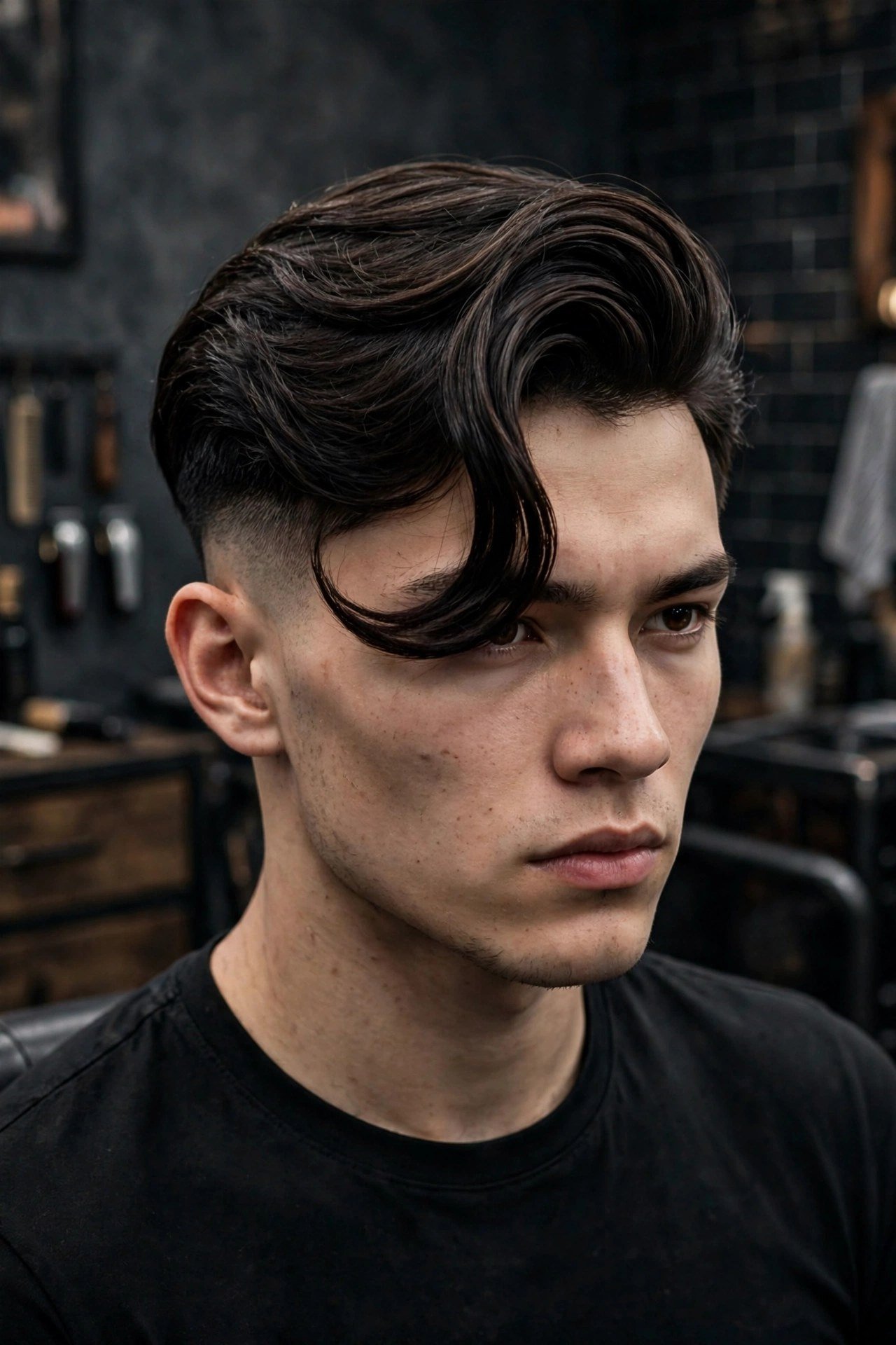 Bold modern comma hairstyle with undercut sides and dramatic fringe