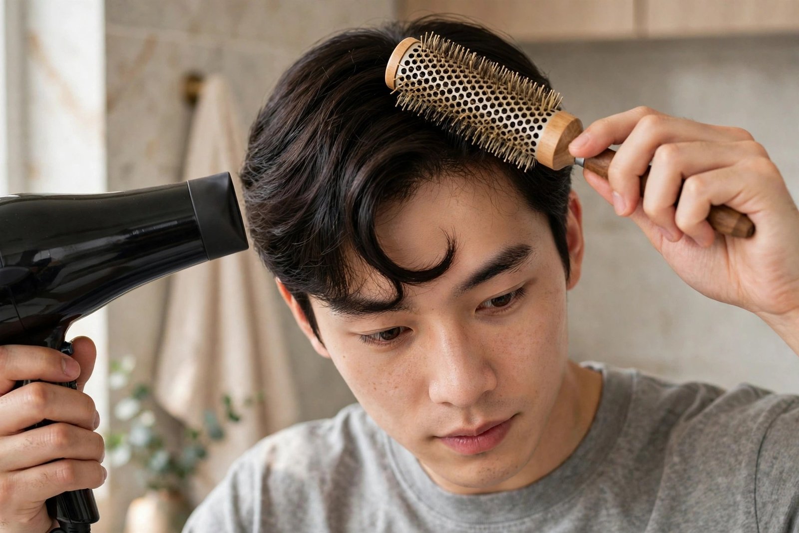 Young man blow-drying his curved comma fringe with a round brush