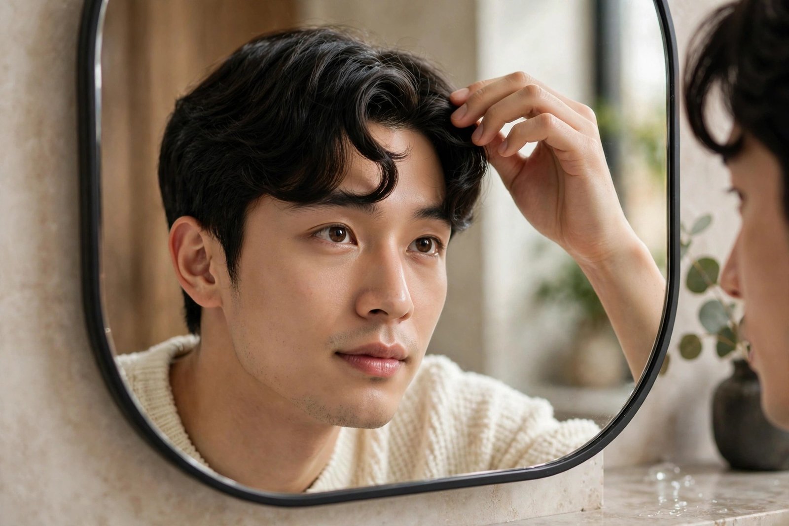 Young man checking his comma hairstyle in a mirror