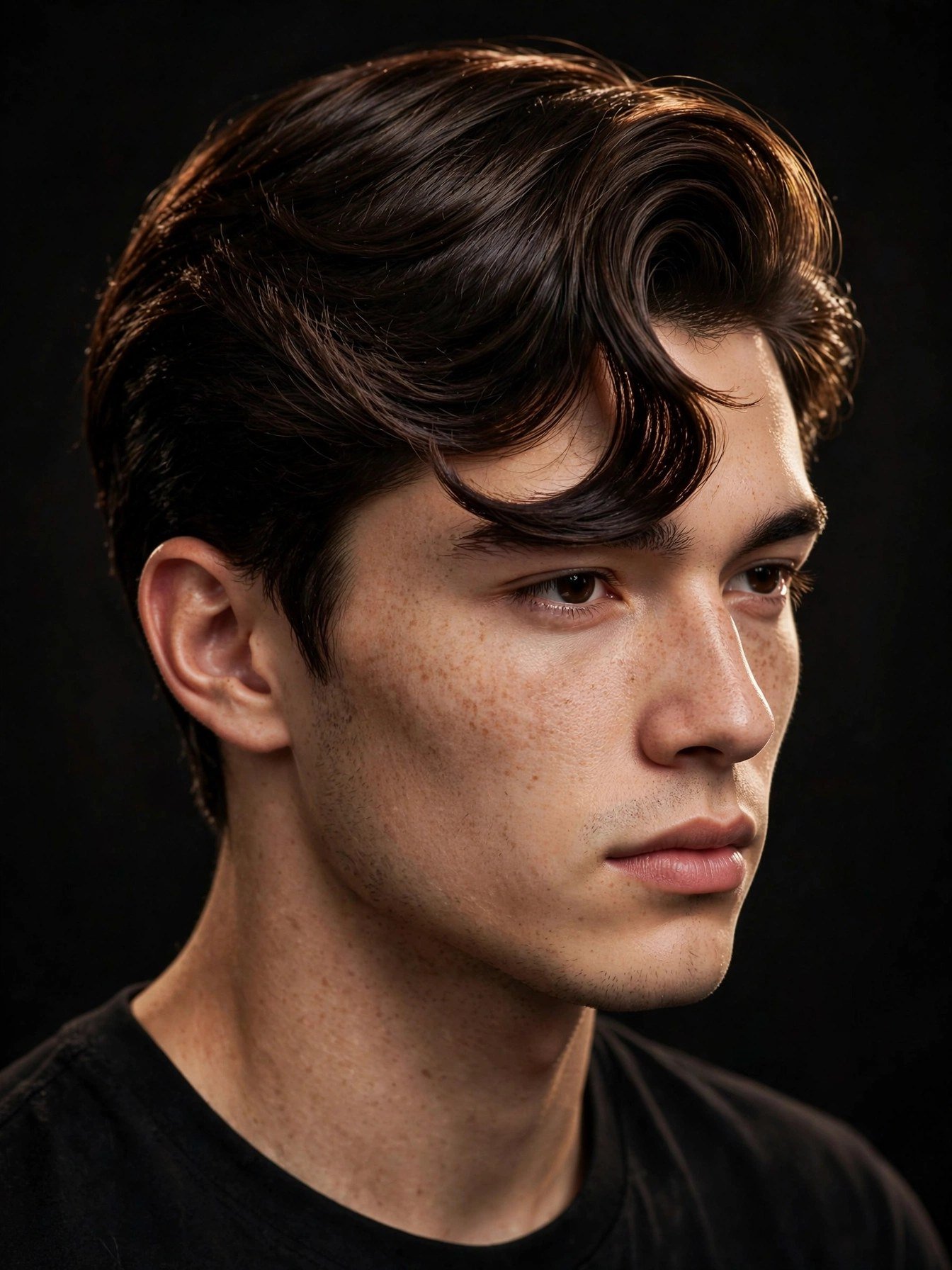 Hero shot of a young man with a sleek comma-curved fringe sweeping across his forehead, three-quarter studio portrait, premium photography