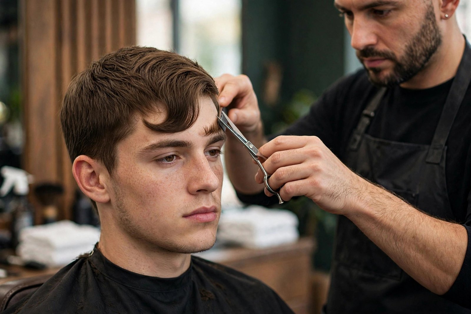 Barber trimming a comma fringe during maintenance