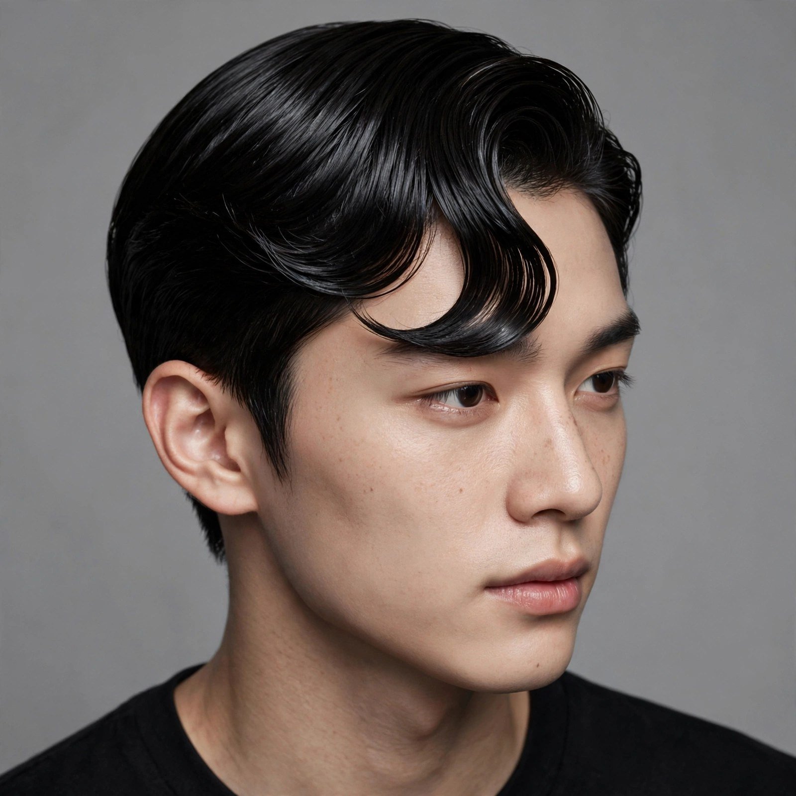 Sleek polished comma hairstyle with glossy precise curved fringe