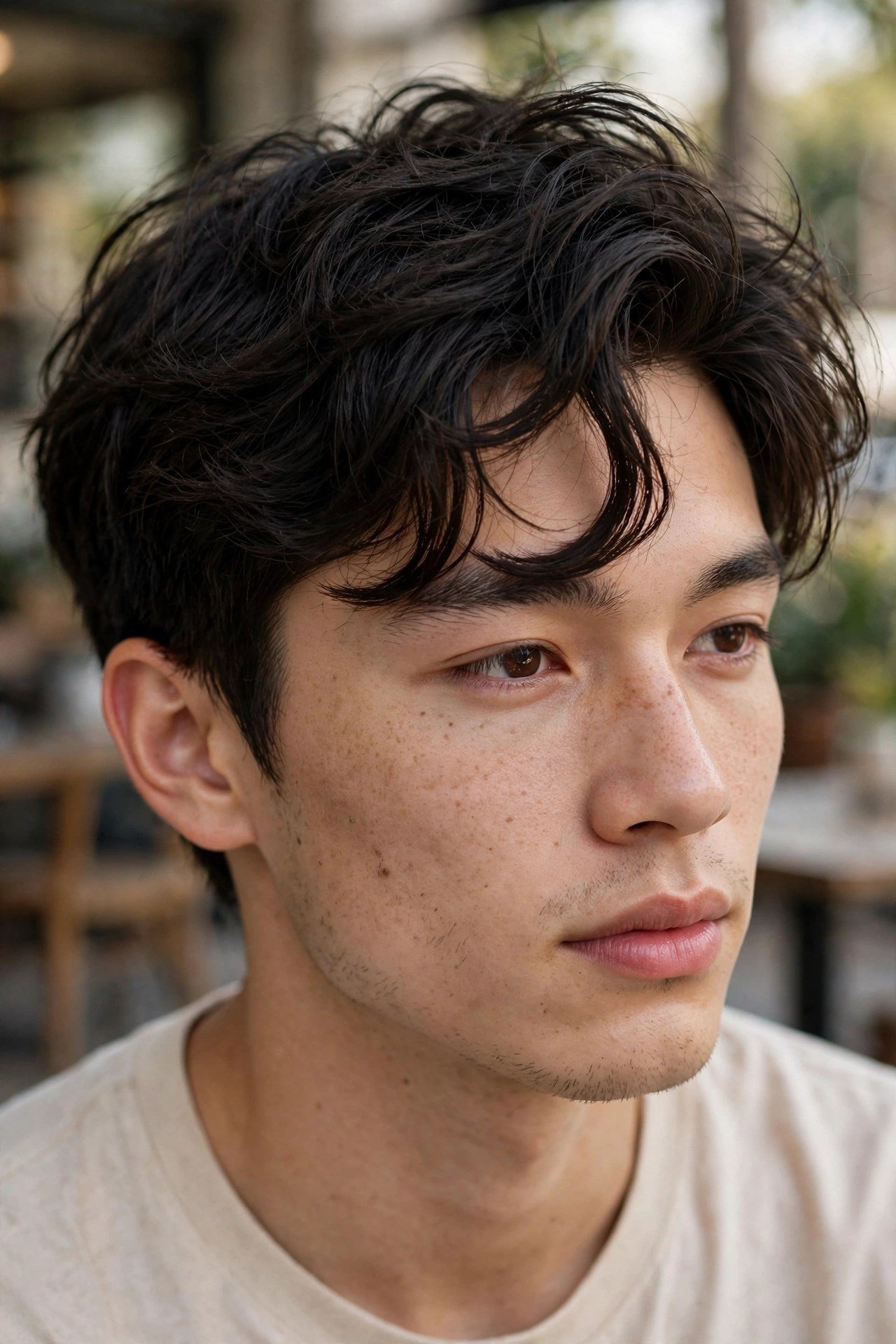 Textured messy comma hairstyle with tousled curved fringe