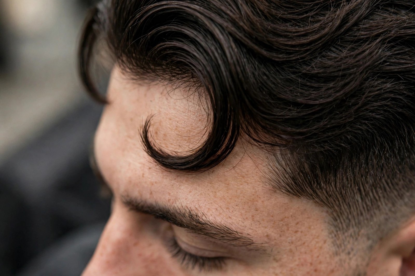 Close profile shot showing the comma-shaped curved fringe in crisp detail