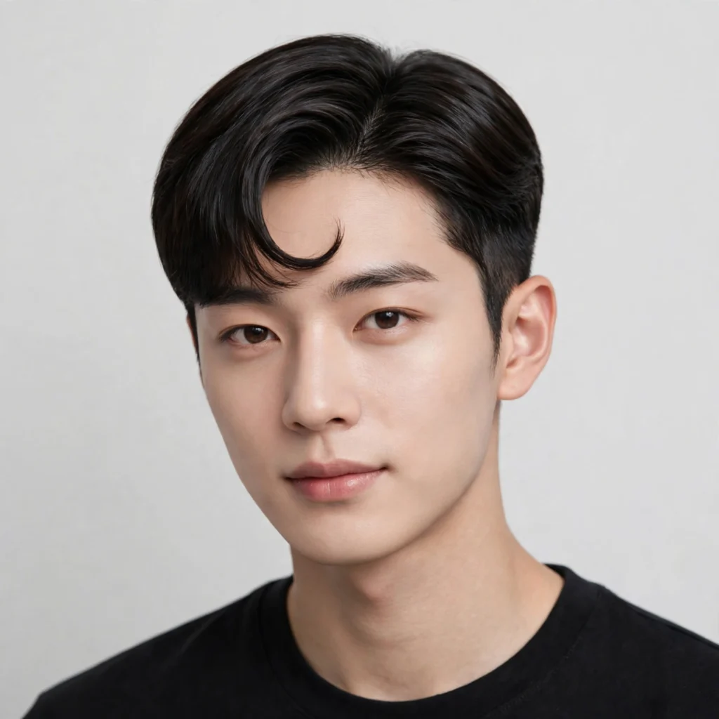 Classic K-Drama comma hairstyle with neat curved fringe