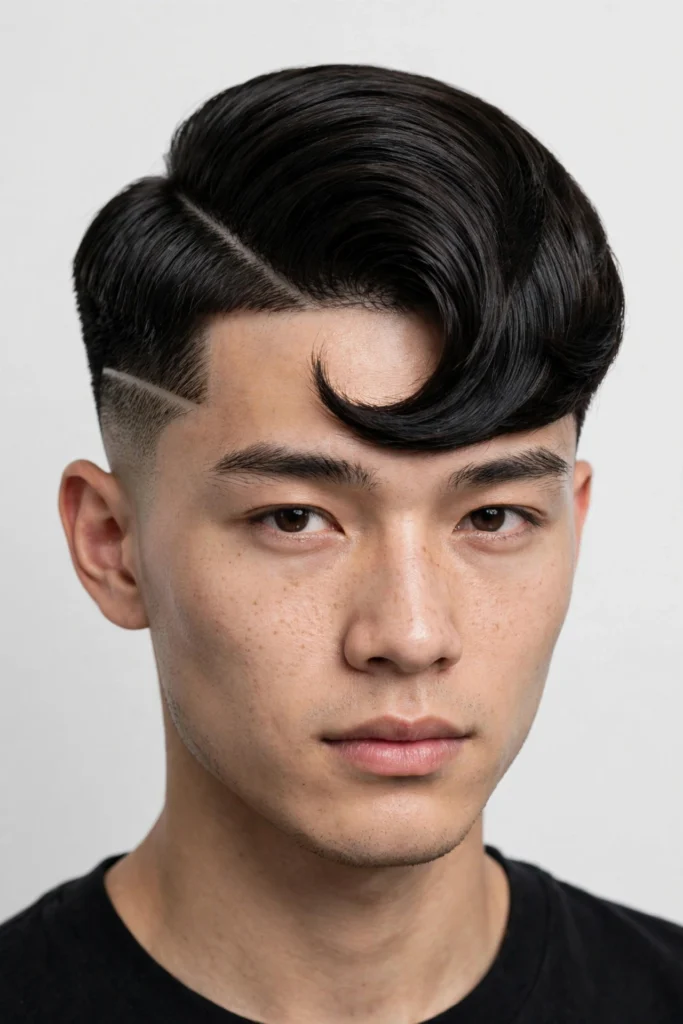 Two-block comma haircut with cropped sides and long curved top