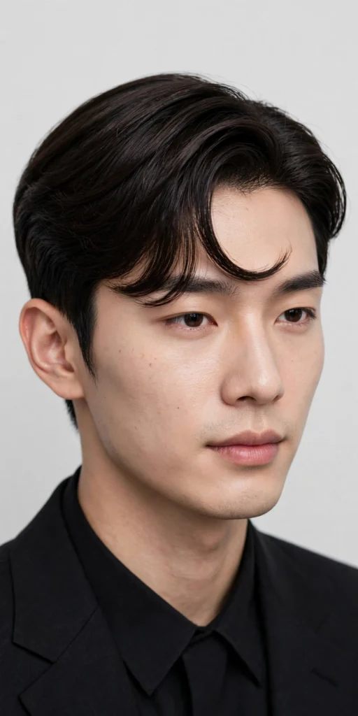 Sleek side-swept comma hairstyle with soft curved fringe