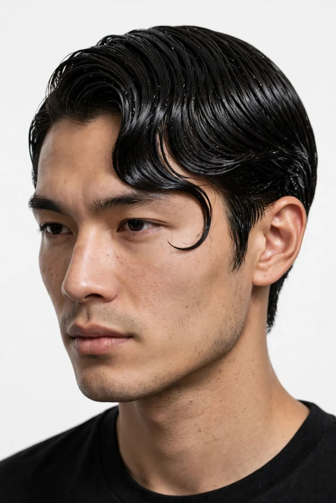 Wet-finish comma hairstyle with glossy texture