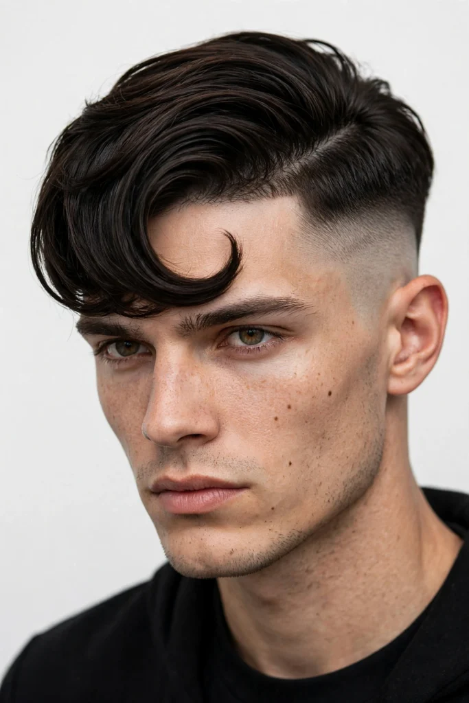 Undercut comma haircut with buzzed sides