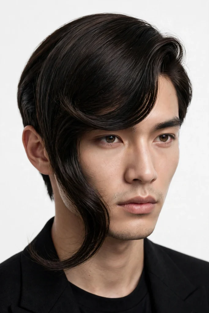 Long fringe comma hairstyle sweeping across the forehead