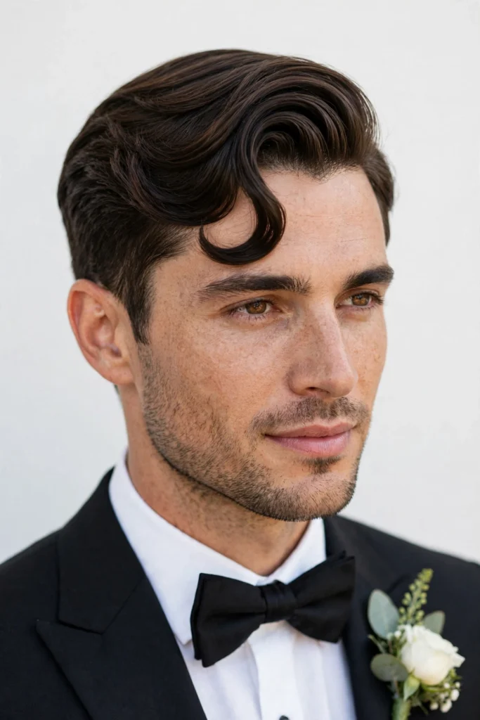 Wedding-day comma hairstyle for grooms