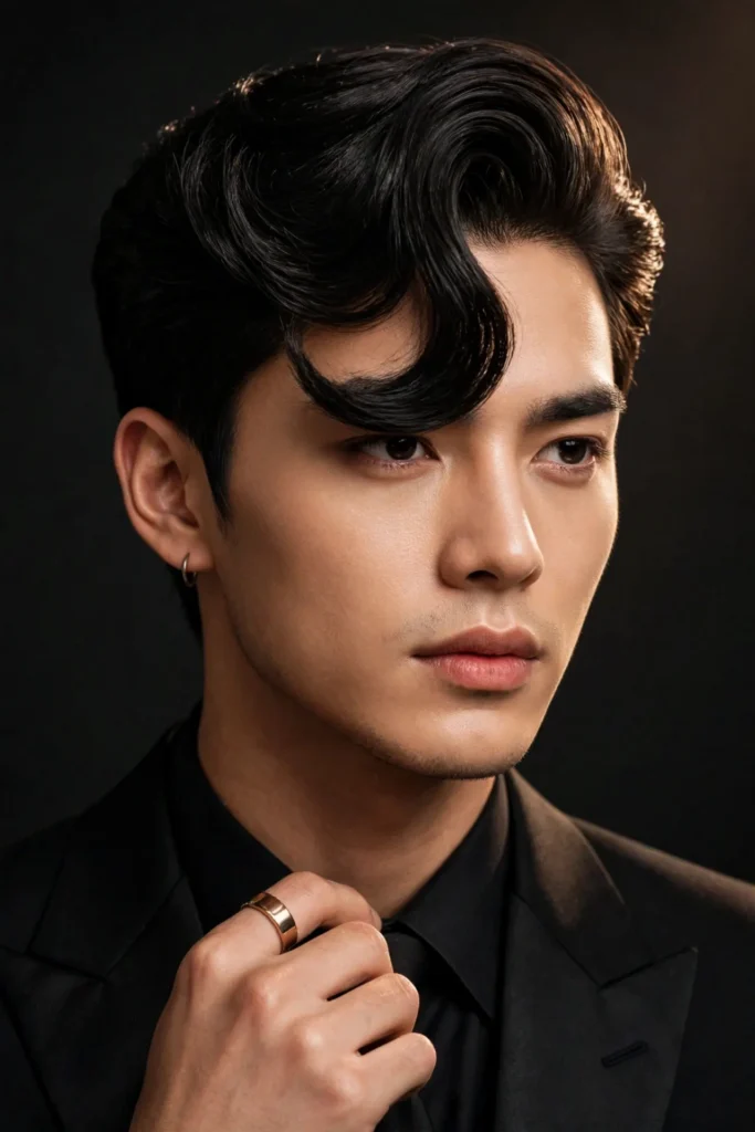 Red-carpet dramatic comma hairstyle with volume