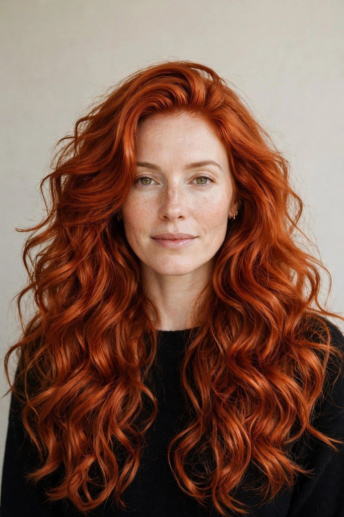 Woman with deep copper red all-over hair color
