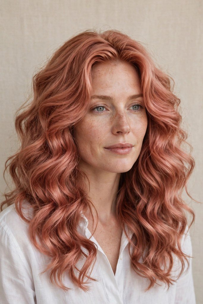 Woman with rose copper hair and pink undertones