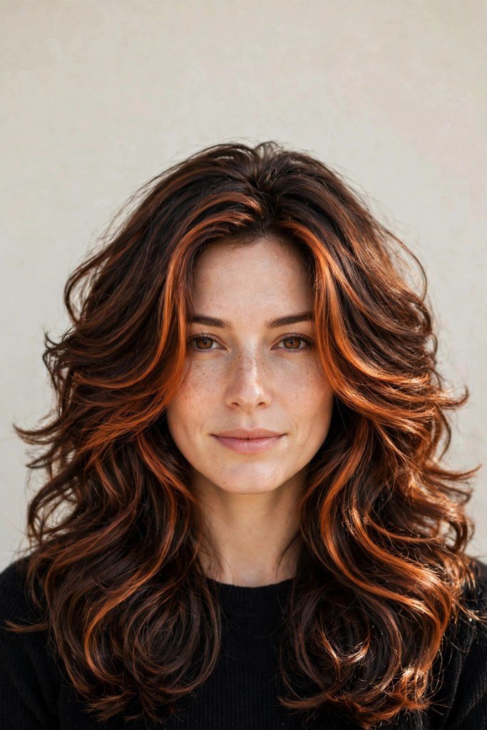 Copper highlights on brunette hair