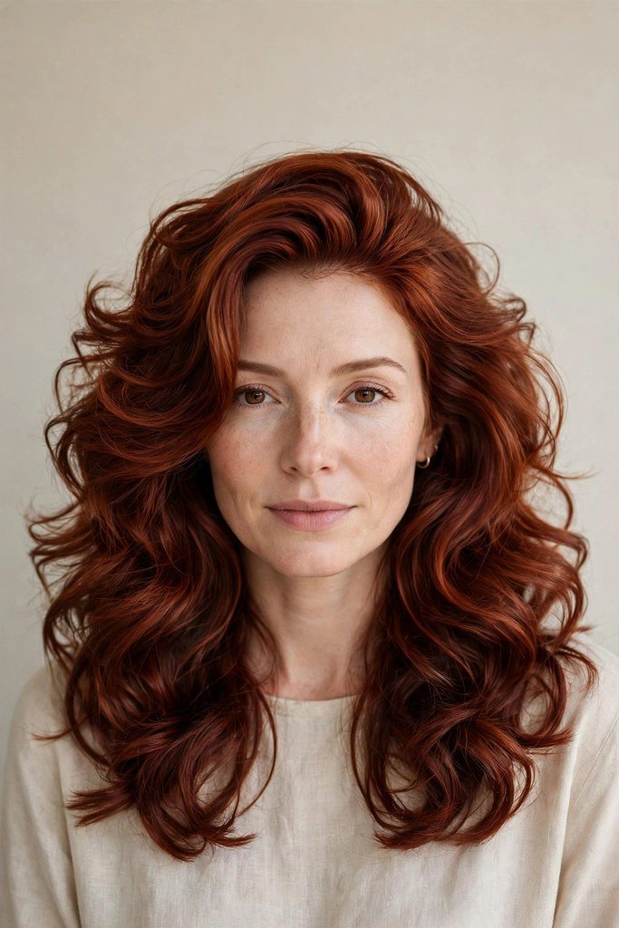 Woman with muted copper auburn hair