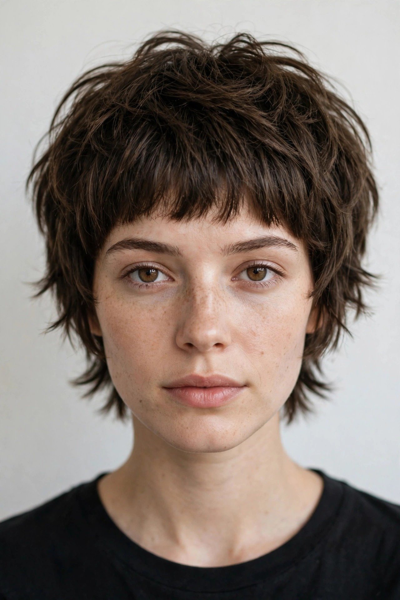 Woman with a classic cub cut showing choppy shaggy layers and a soft textured fringe