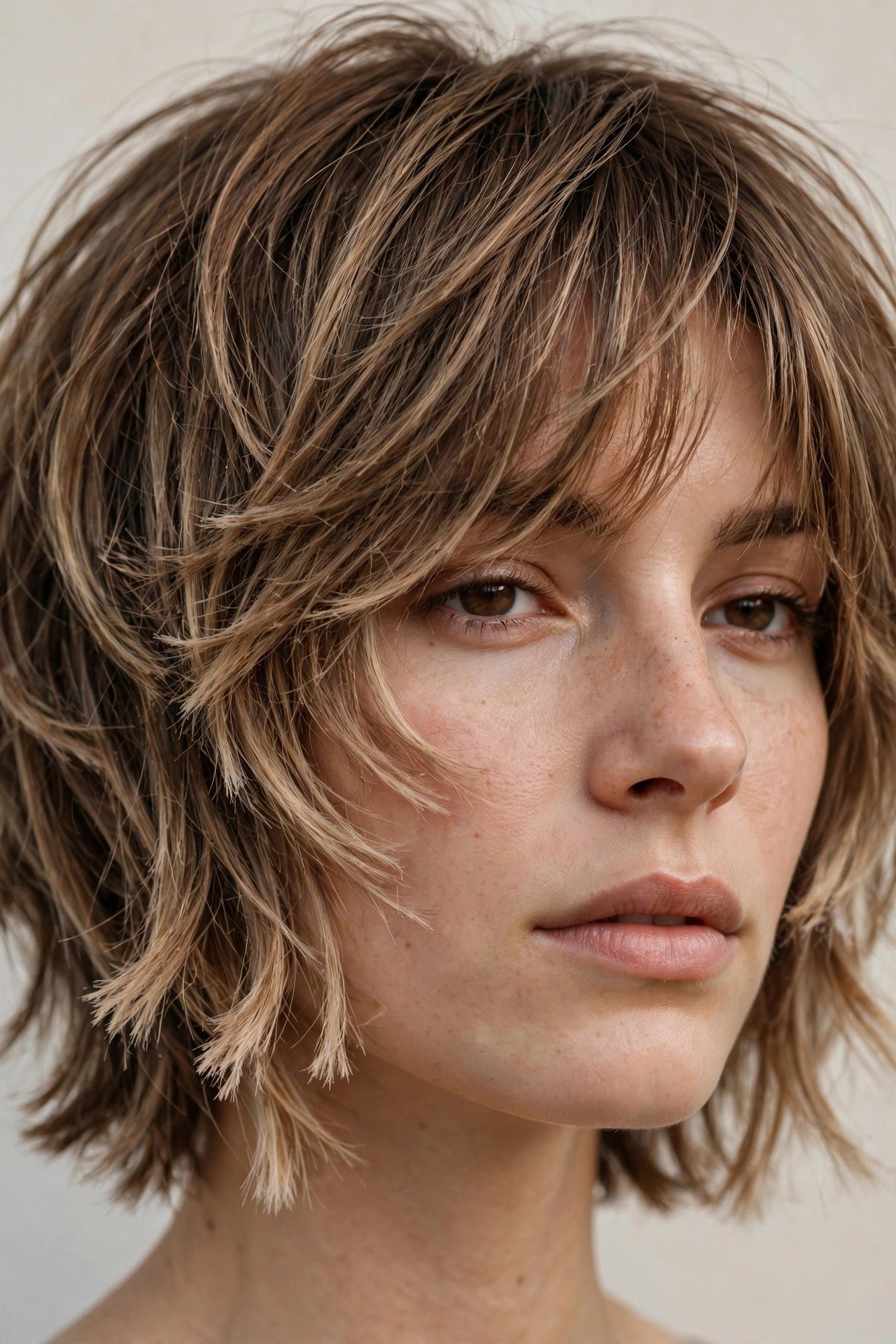 Close-up of cub cut layering technique showing textured ends and face-framing pieces