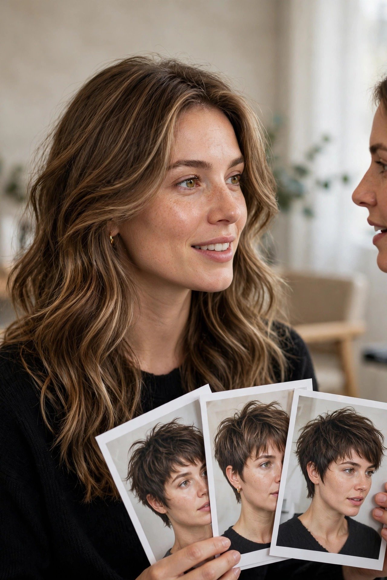 Woman showing her stylist reference photos for a cub cut consultation in a salon