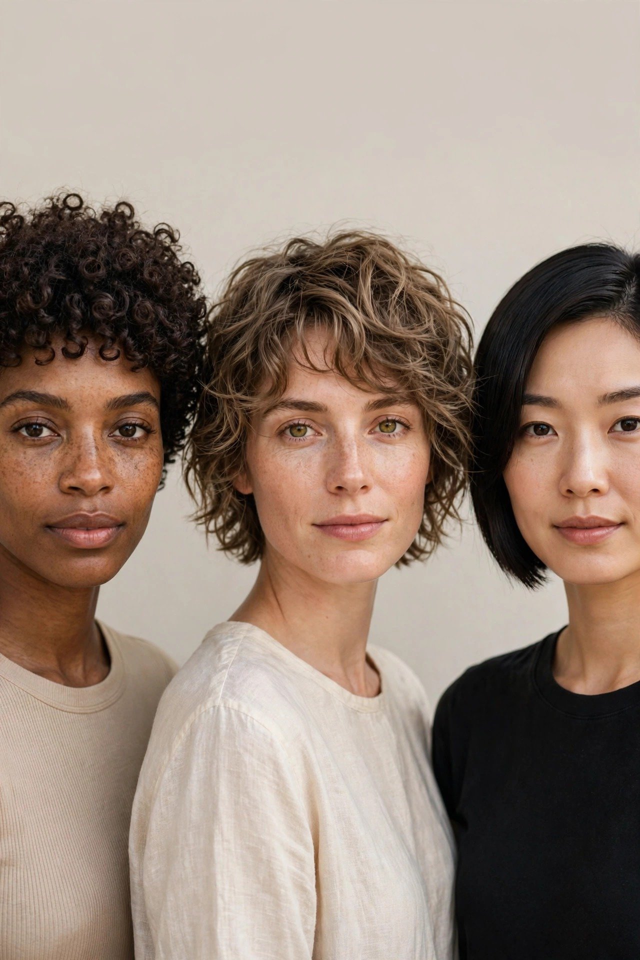 Textured cub cut styles on curly, wavy, and sleek straight hair showing versatility