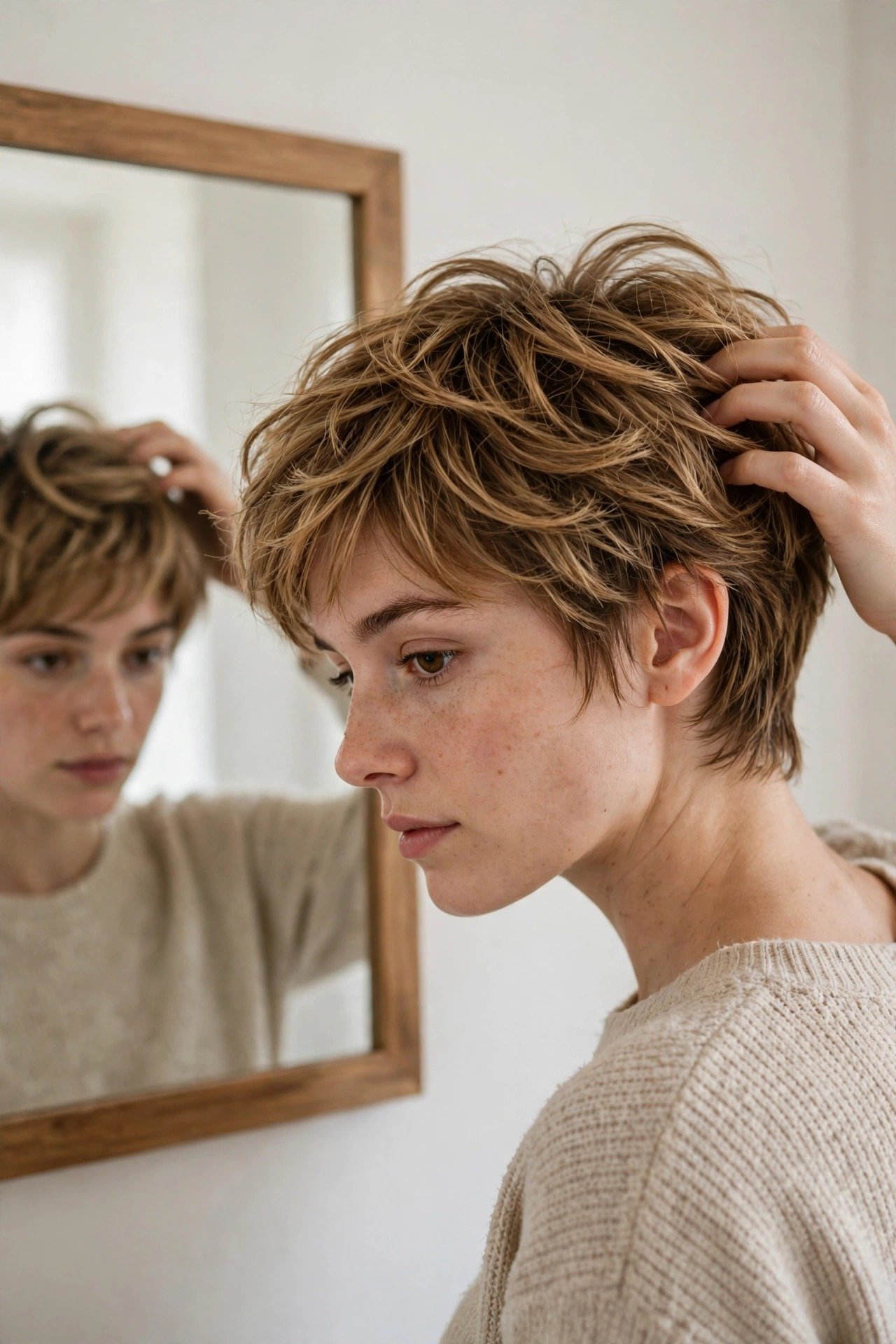 Woman in her first week with a fresh cub cut learning to style the new layers