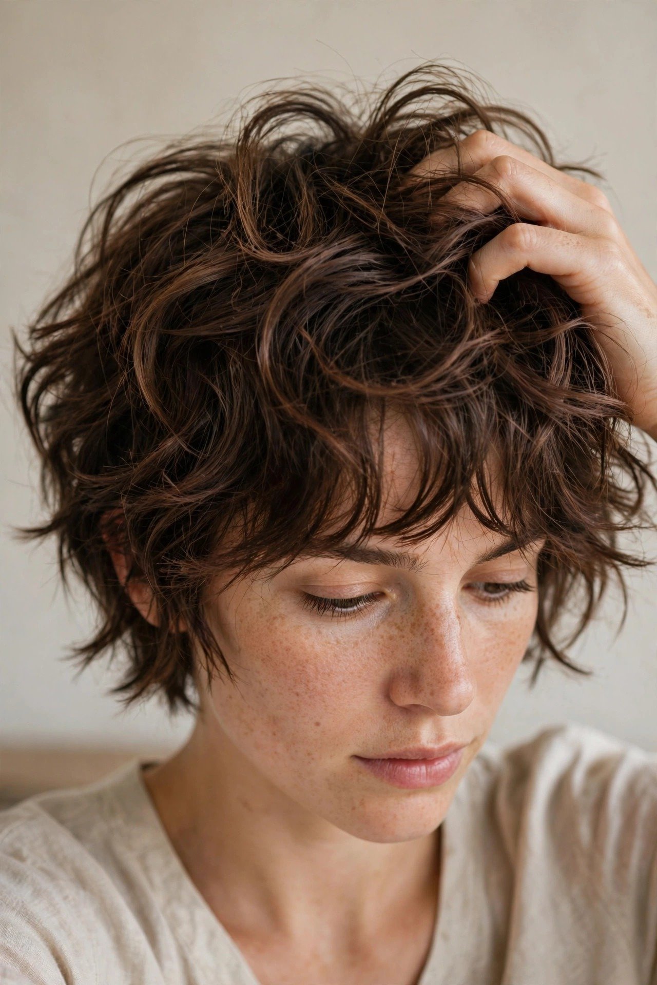 Woman styling her cub cut at home with fingers and texture spray for effortless waves