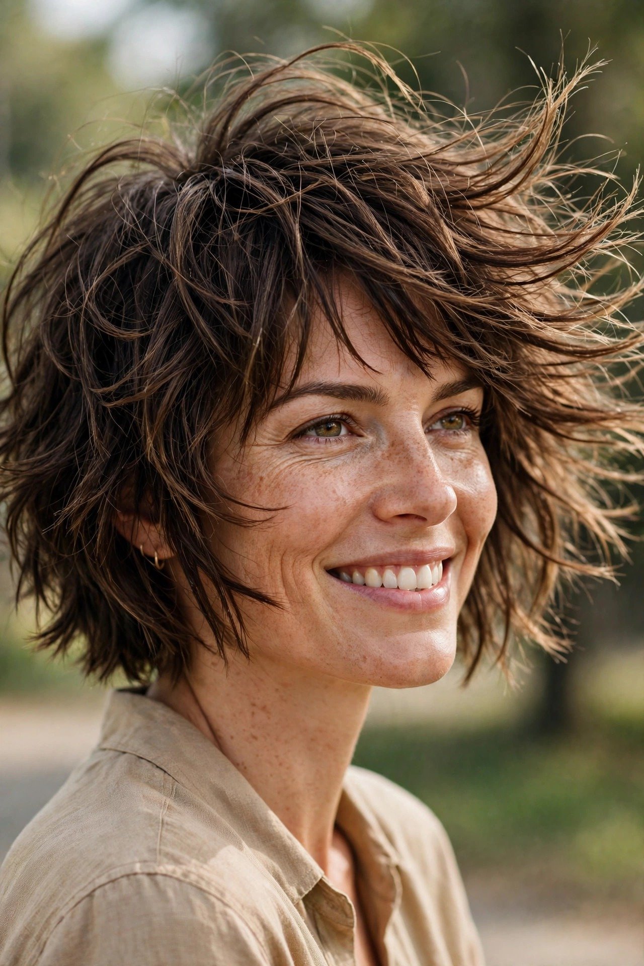 Confident woman with a finished cub cut smiling outdoors in natural light