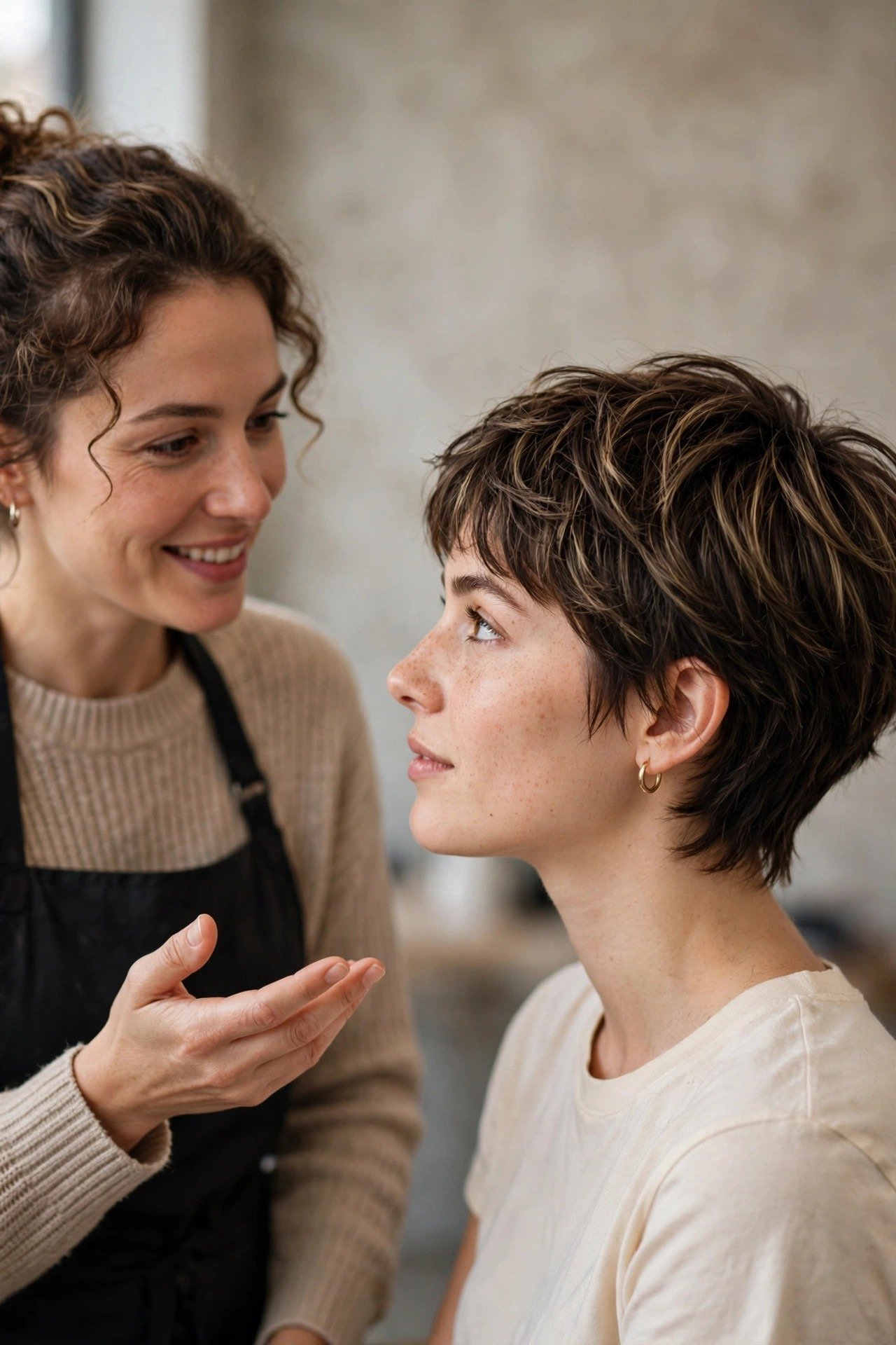 Stylist answering common cub cut questions during a salon consultation