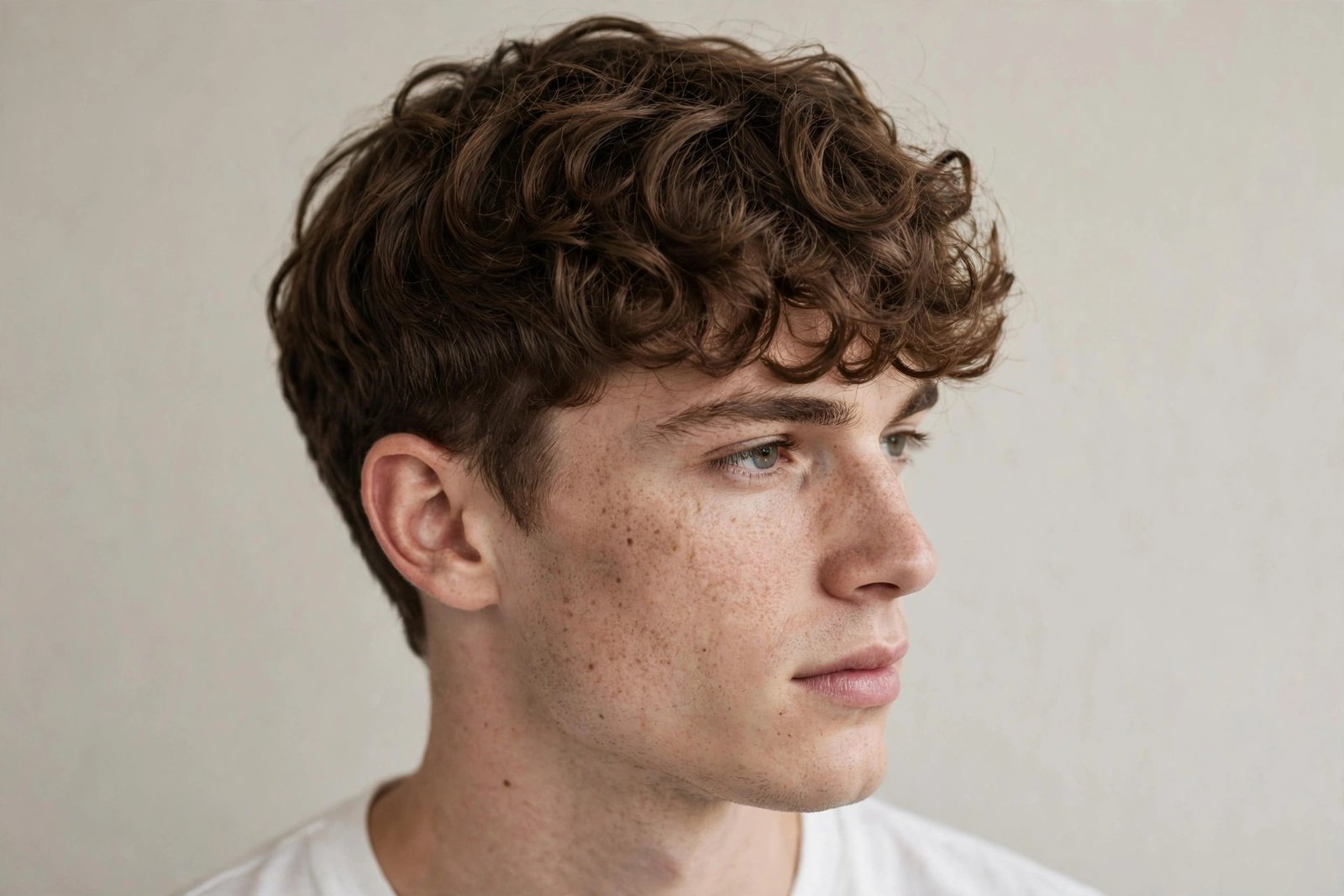 Classic curly fringe men haircut, natural curls falling forward over forehead, medium length, studio portrait