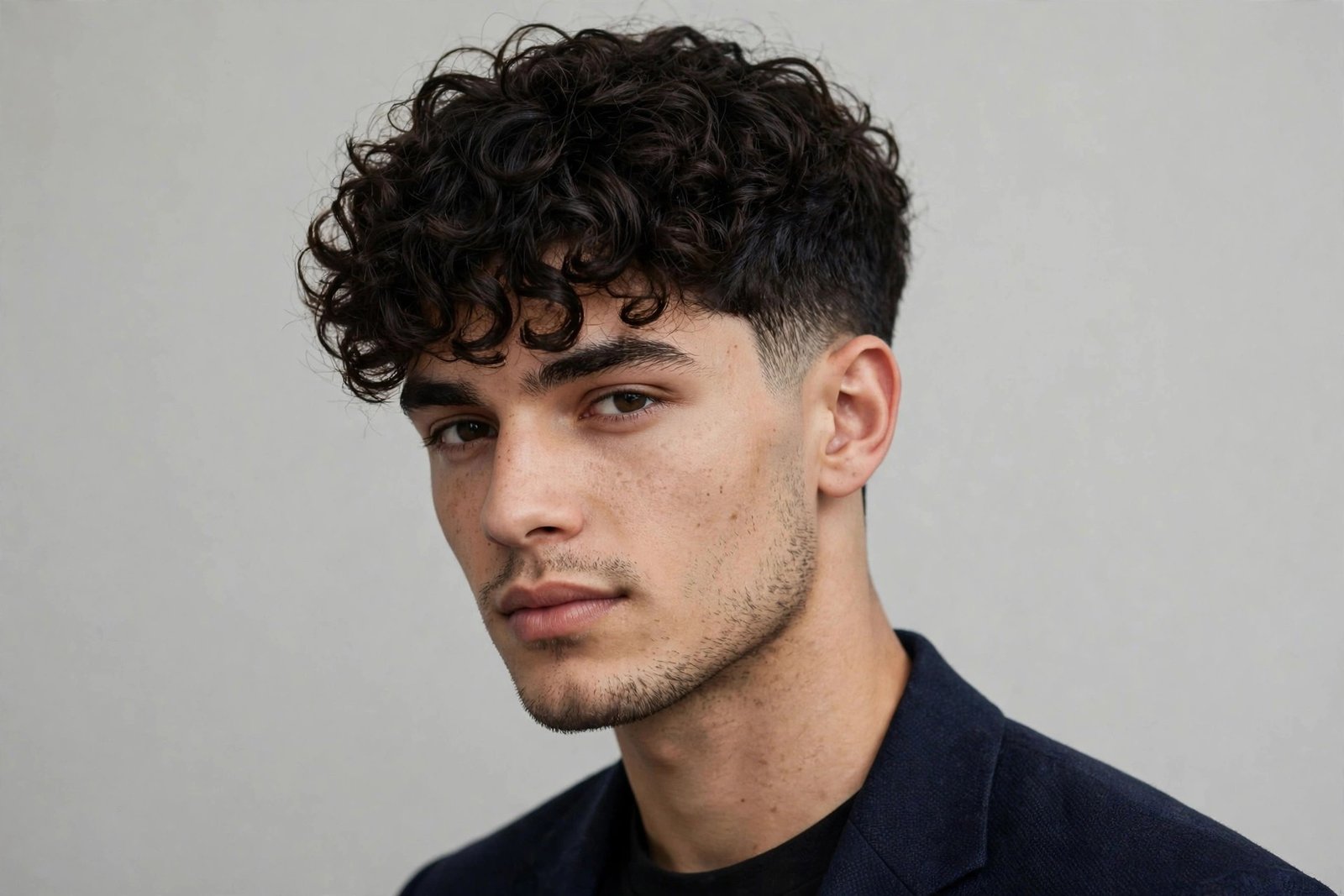 Curly fringe men with low taper fade, curls forward on forehead, tapered neckline, editorial hair photo
