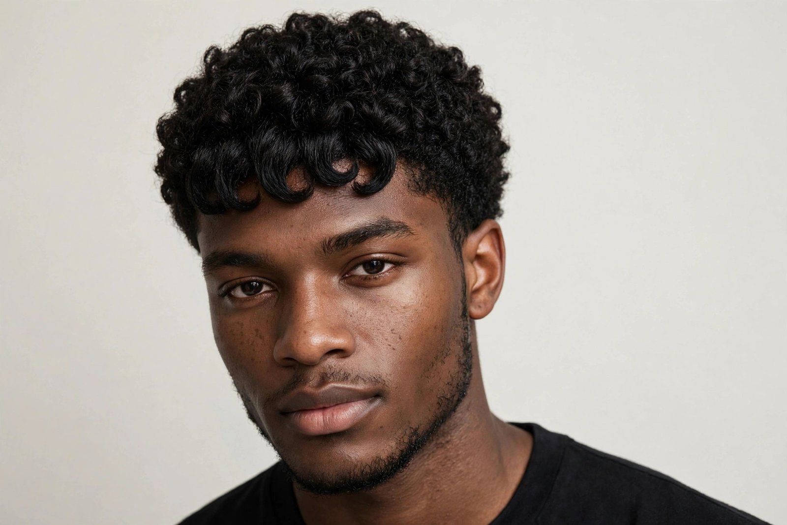 Tight coil fringe men haircut, defined coily curls on forehead, natural texture hero, studio hair photography