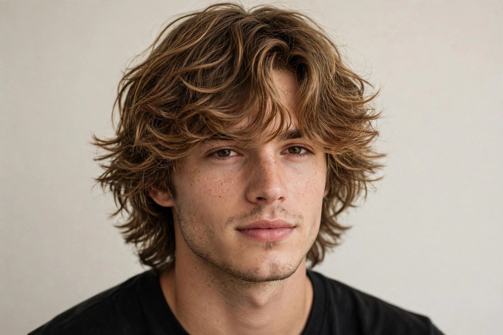 Loose wave fringe men hairstyle, wavy hair falling forward naturally, relaxed beach texture, editorial photo