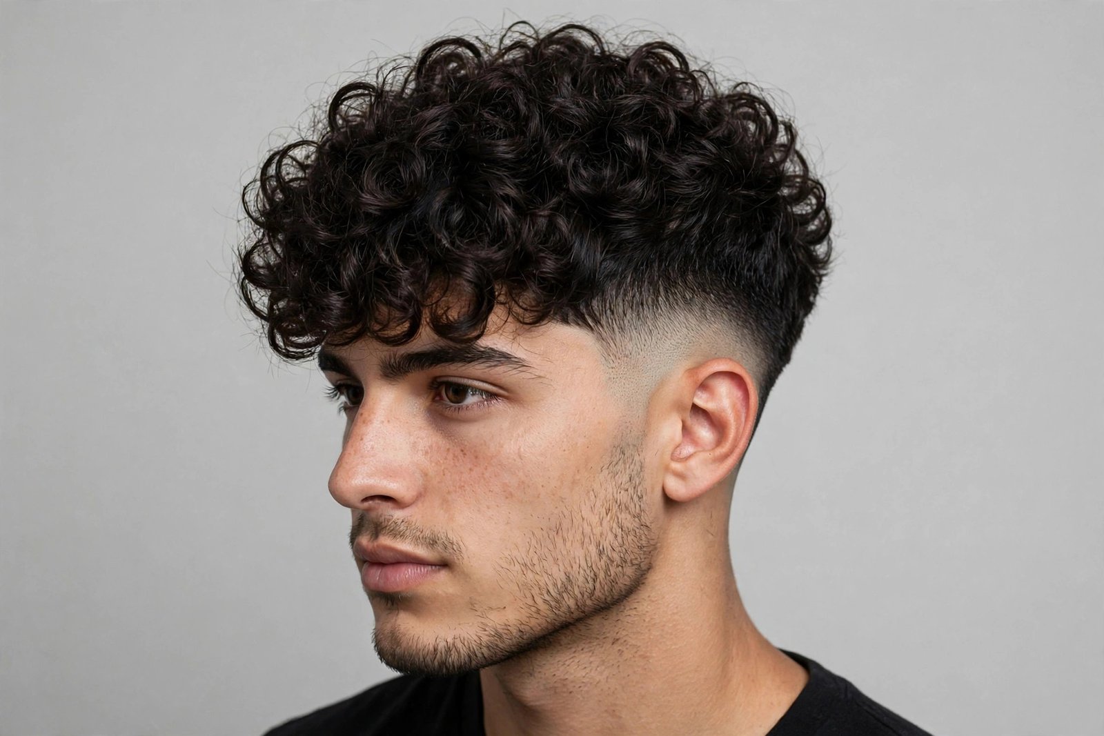 Curly fringe men with mid fade haircut, voluminous curls on top forward, clean fade sides, studio portrait