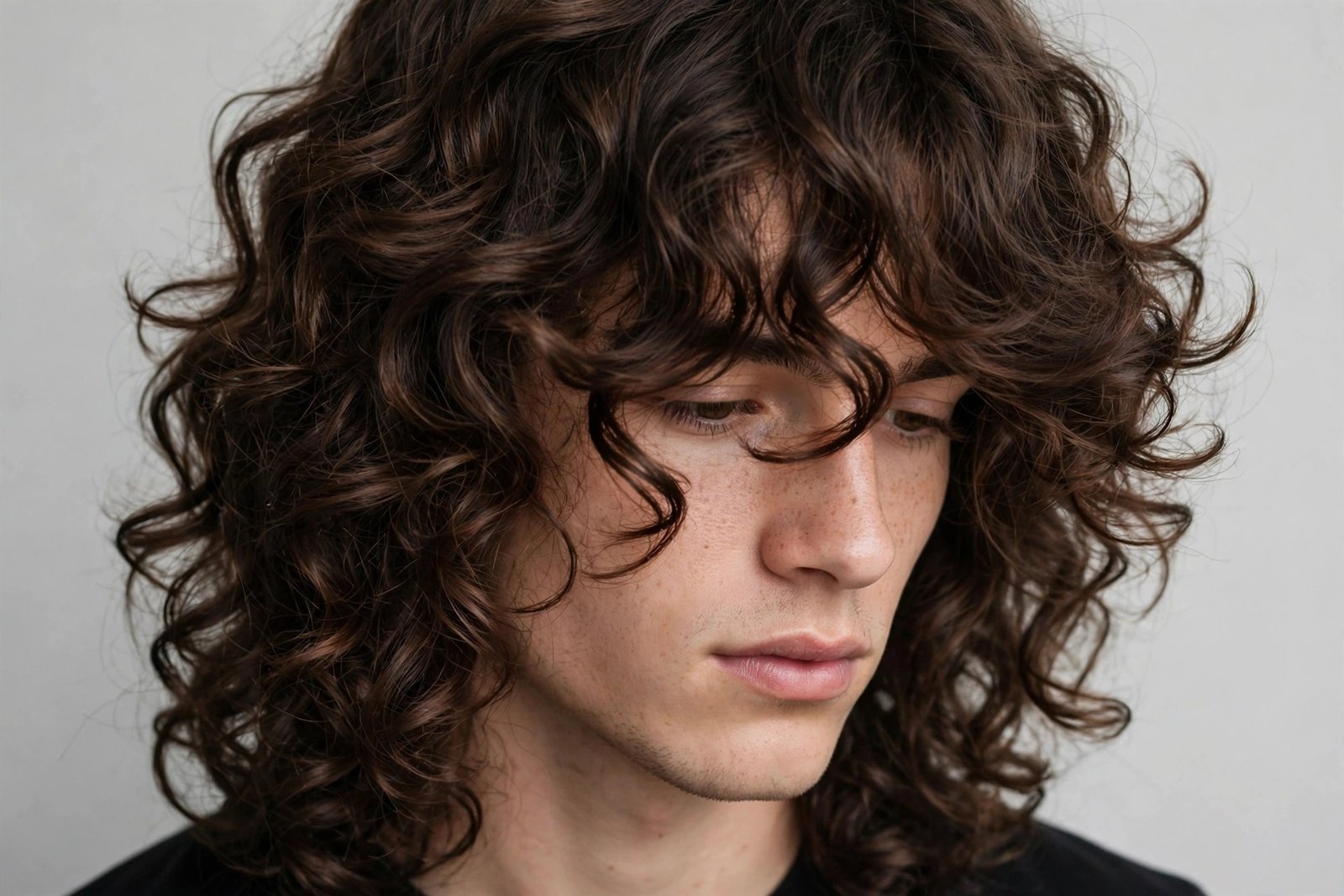 Long curly fringe men hairstyle, extended curls past eyebrows, dramatic length, editorial studio photography