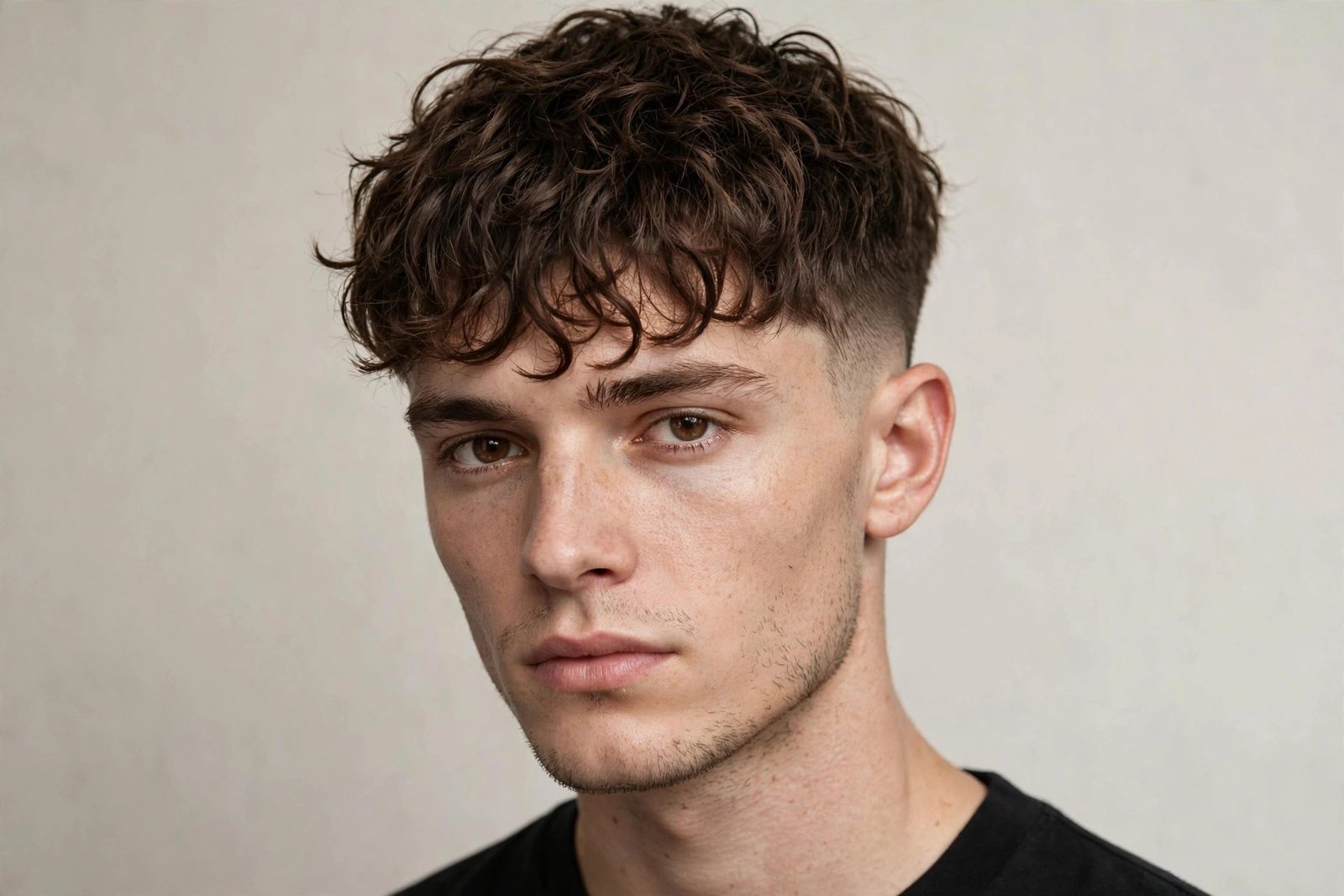 Short choppy curly fringe men haircut, textured crop curls forward, edgy modern style, studio photo