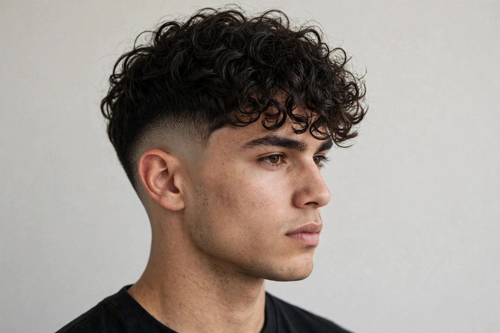 Curly fringe men with drop fade, curls forward, fade dropping behind ear, sharp modern haircut, studio