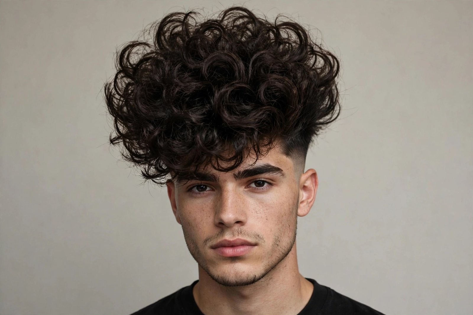 Broccoli cut curly fringe men, voluminous permed-style curls on top with faded sides, Gen Z hairstyle, studio