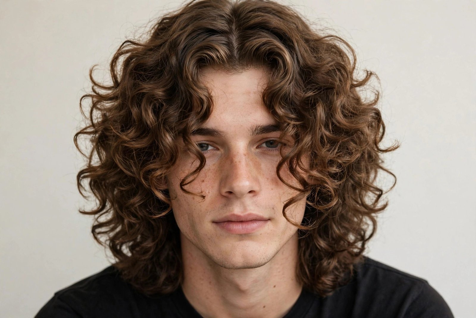 Curly curtain fringe men hairstyle, middle part with curls falling forward both sides, 90s inspired, studio