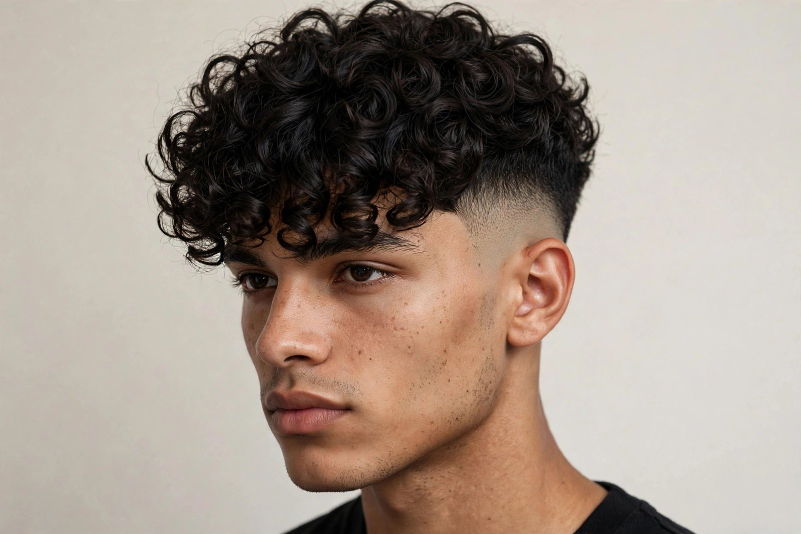 Curly fringe men with skin fade, tight bald fade sides contrasting curly top fringe, bold haircut, studio