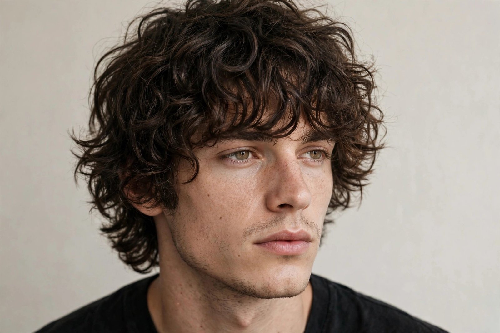 Curly shaggy fringe men haircut, layered tousled curls with shag texture, rockstar vibe, editorial photo