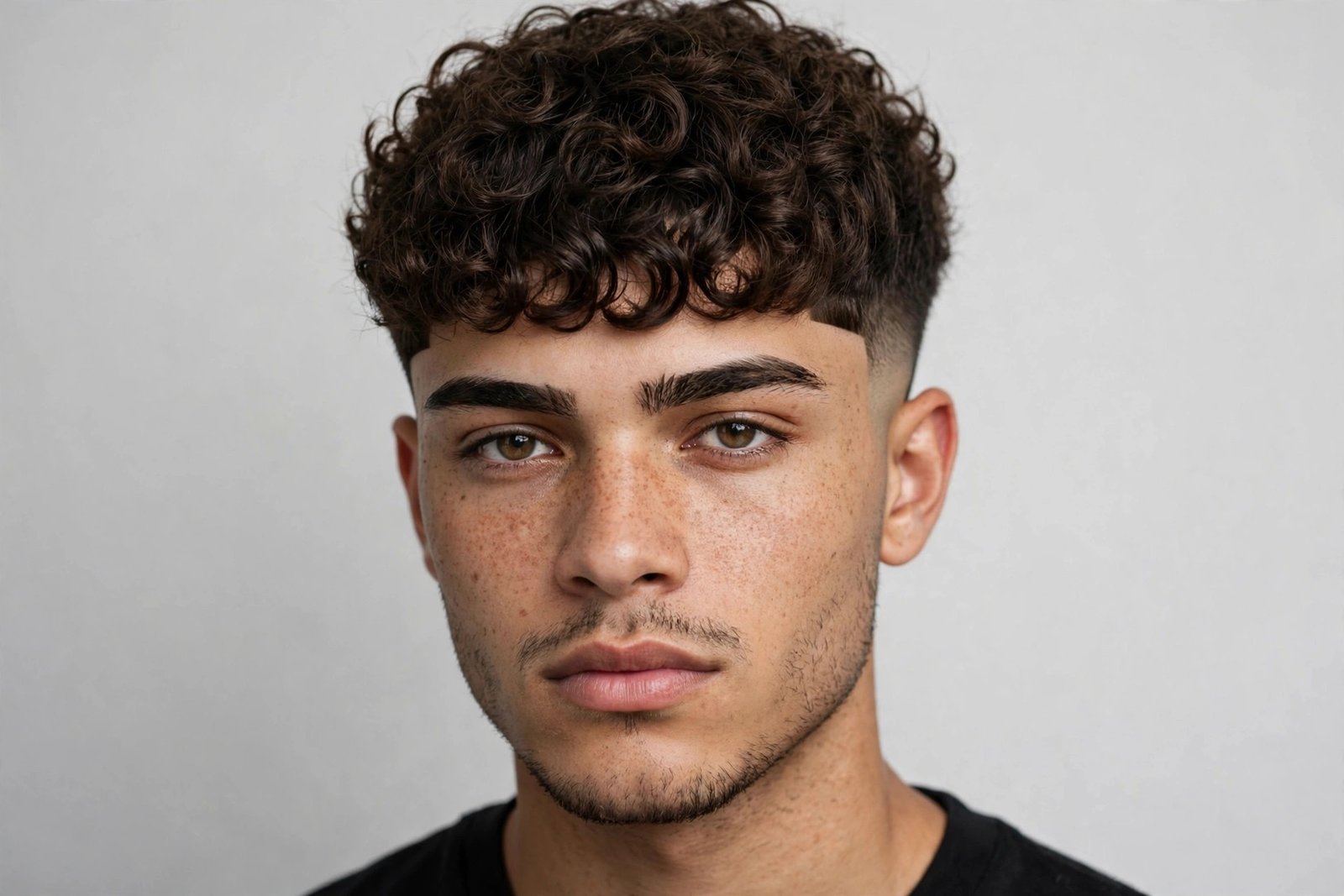 Curly edgar fringe men haircut, straight-across curly fringe with faded sides, bold edgar style, studio