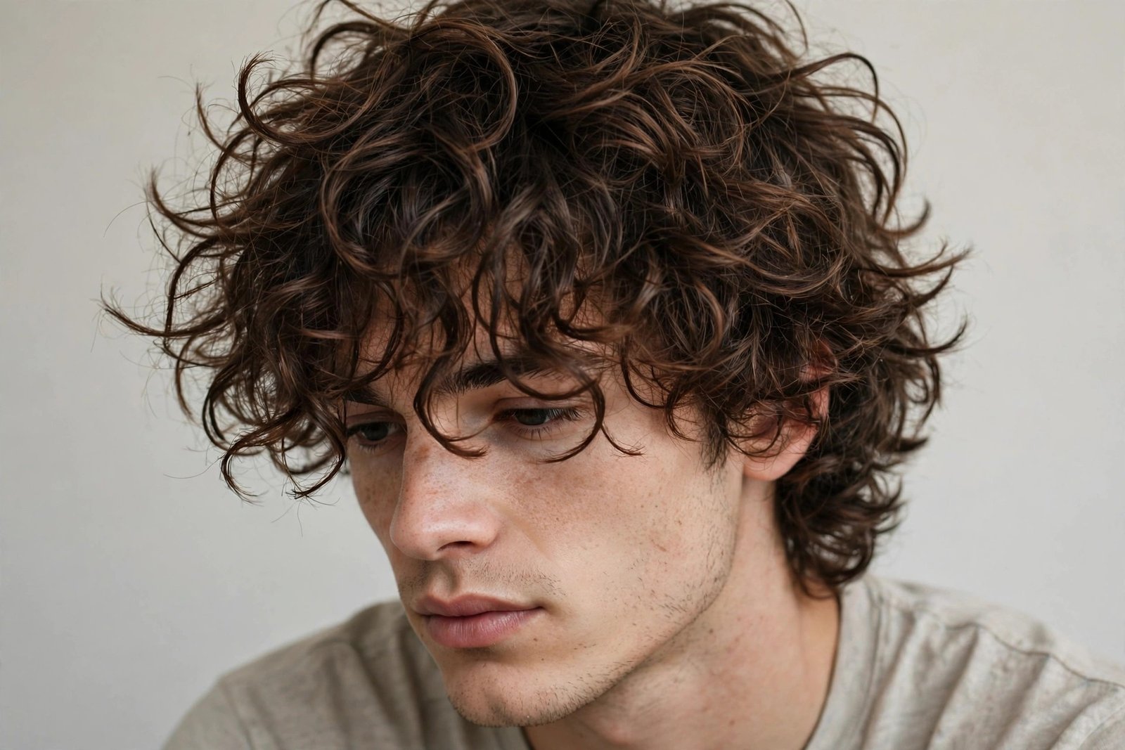 Curly messy fringe men hairstyle, tousled undone curls on forehead, bedhead texture, casual editorial photo