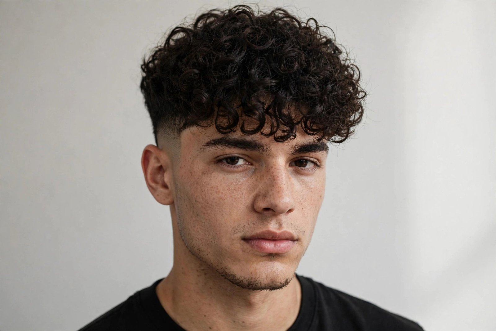 Curly fringe men with temple fade, curls forward, faded temples with sharp hairline, clean modern cut, studio