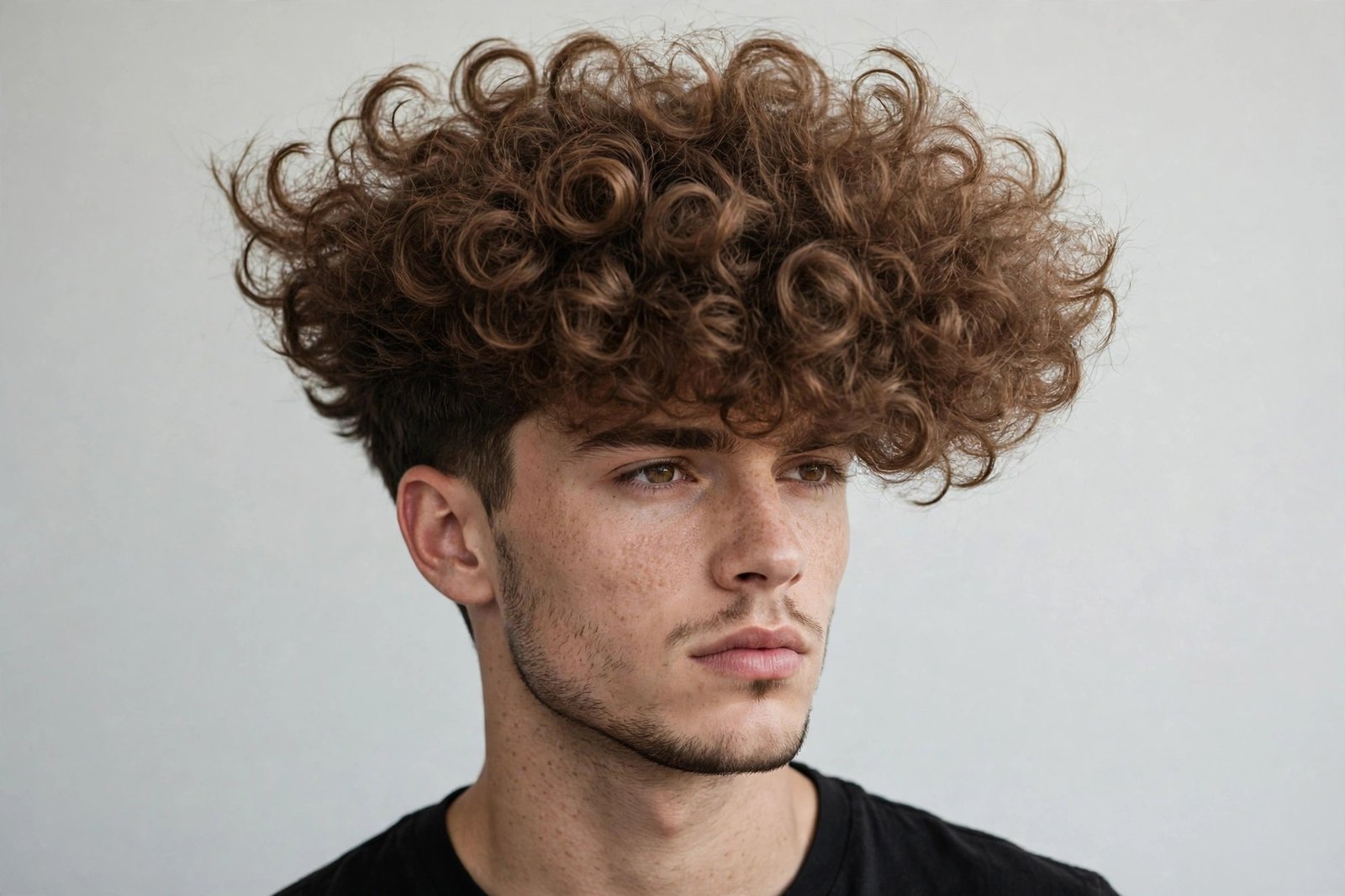 Curly blowout fringe men, stretched voluminous curls blown forward, big rounded shape, editorial hair photo