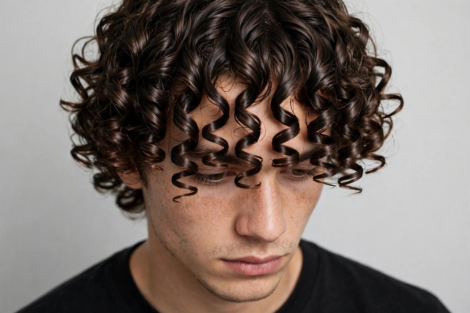 Defined ringlet fringe men haircut, perfect spiral curls on forehead, glossy defined ringlets, studio portrait