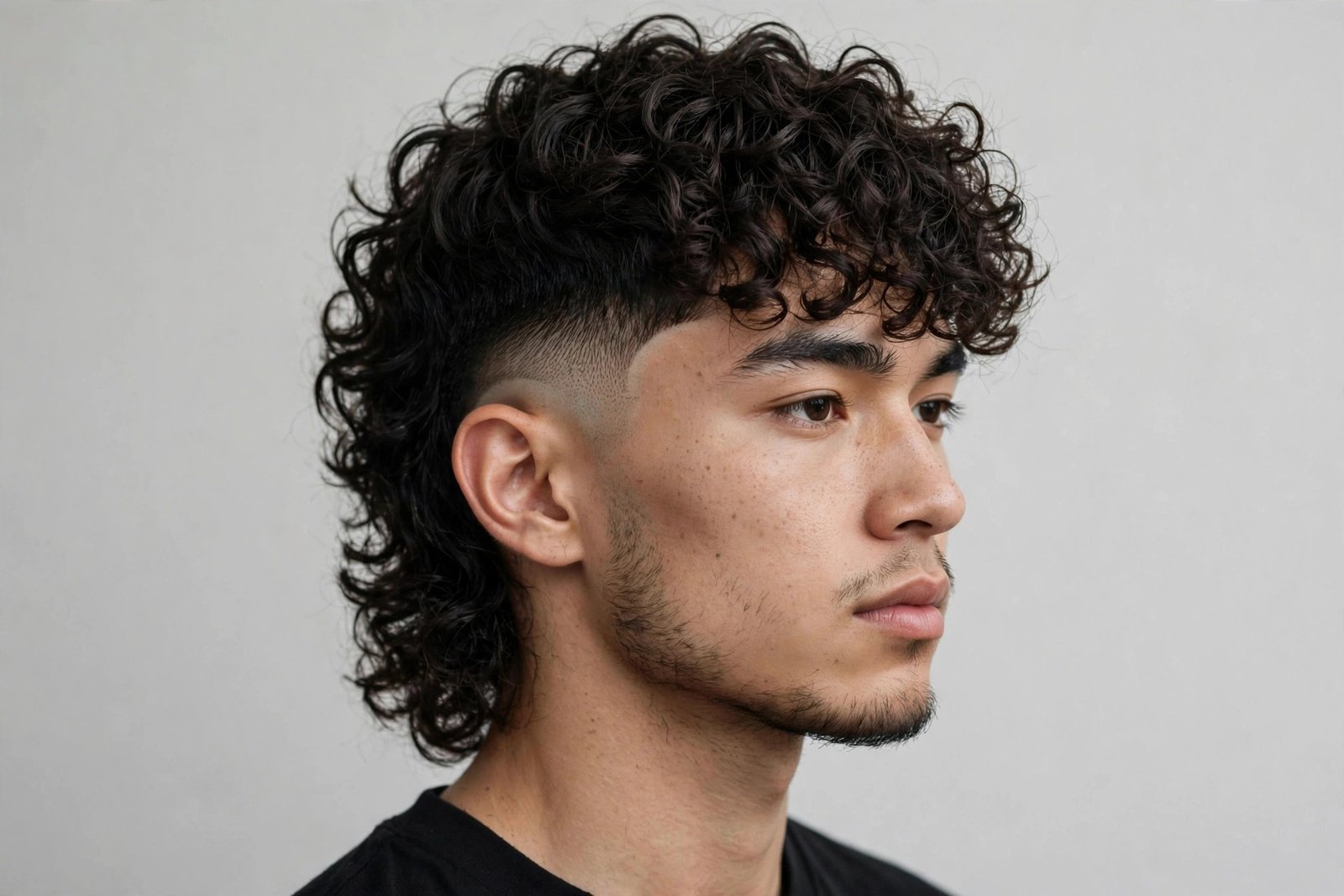 Curly fringe men with burst fade, curls forward on top, circular burst fade around ear, trendy haircut, studio