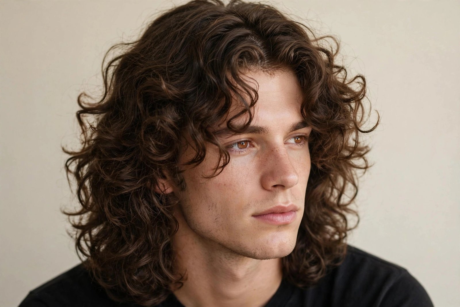 90s heartthrob curly fringe men, voluminous center-parted curls forward, retro romantic hairstyle, studio photo