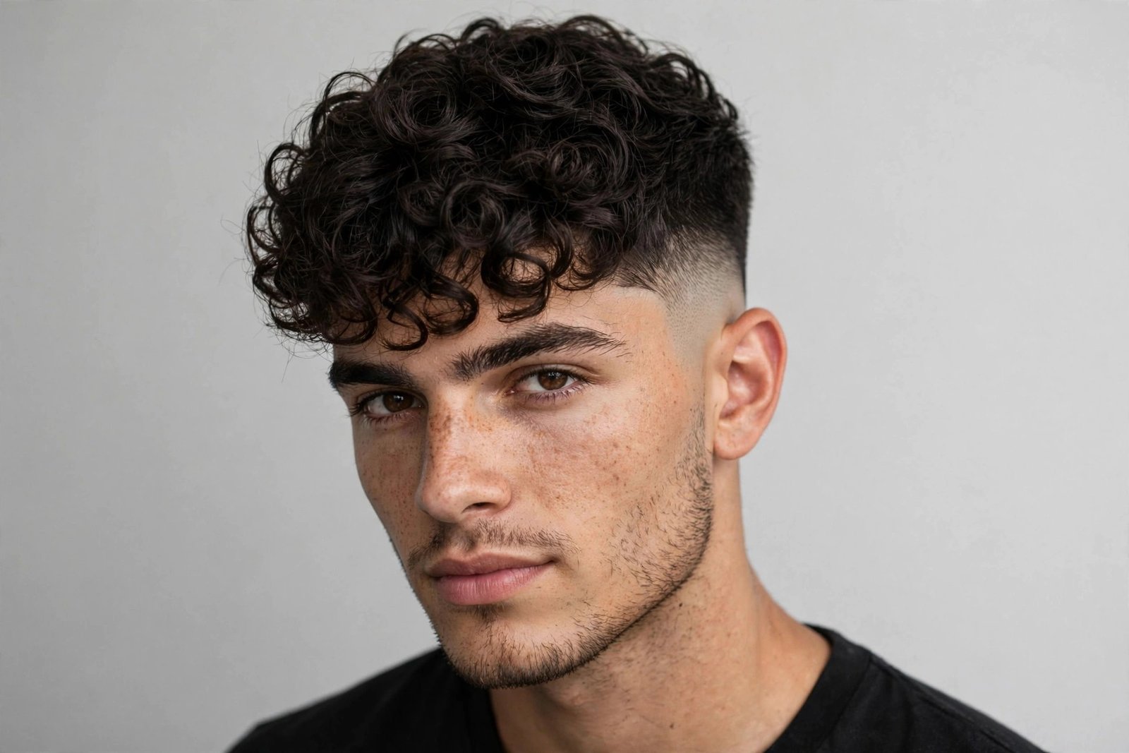 Curly fringe men with high taper, curls forward on top, taper starting high at temples, clean sharp haircut, studio